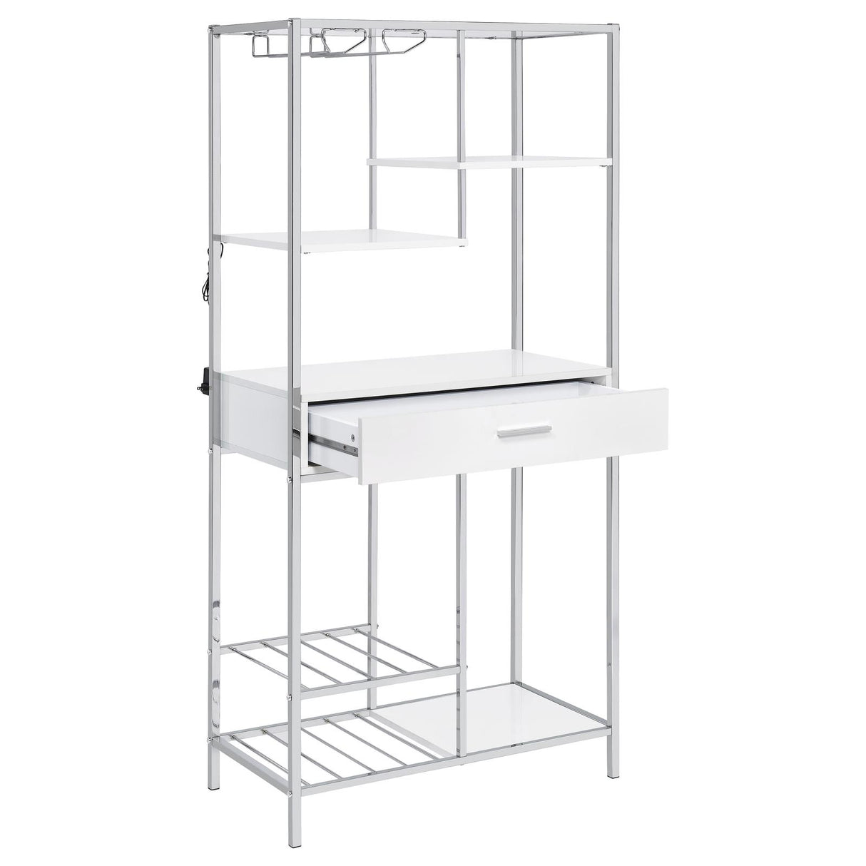 Figueroa White High Gloss and Chrome 5-Shelf Wine Cabinet with Storage Drawer from Coaster - Luna Furniture