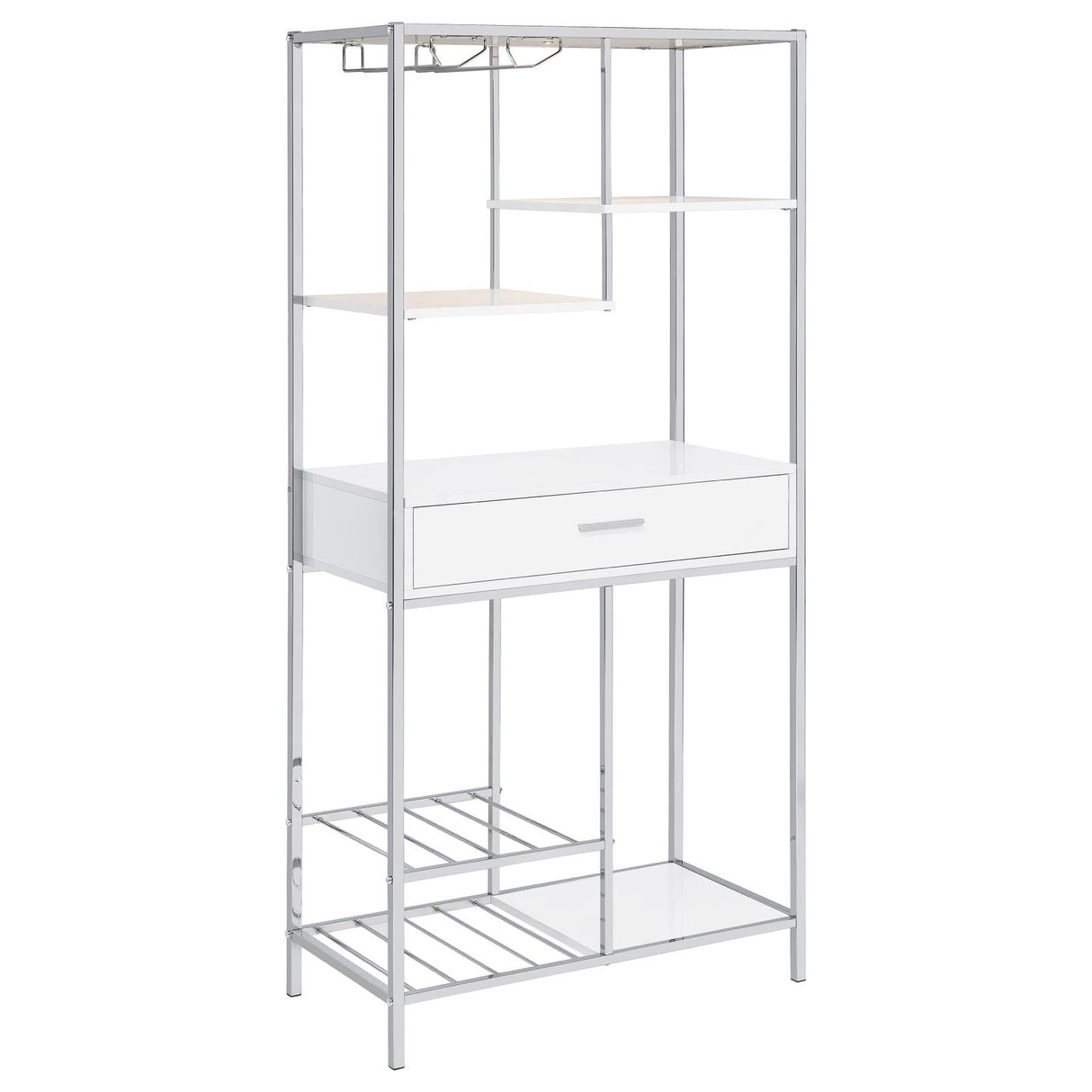 Figueroa White High Gloss and Chrome 5-Shelf Wine Cabinet with Storage Drawer from Coaster - Luna Furniture