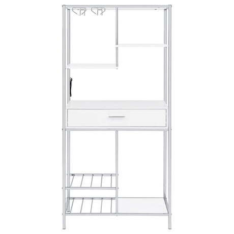 Figueroa White High Gloss and Chrome 5-Shelf Wine Cabinet with Storage Drawer from Coaster - Luna Furniture