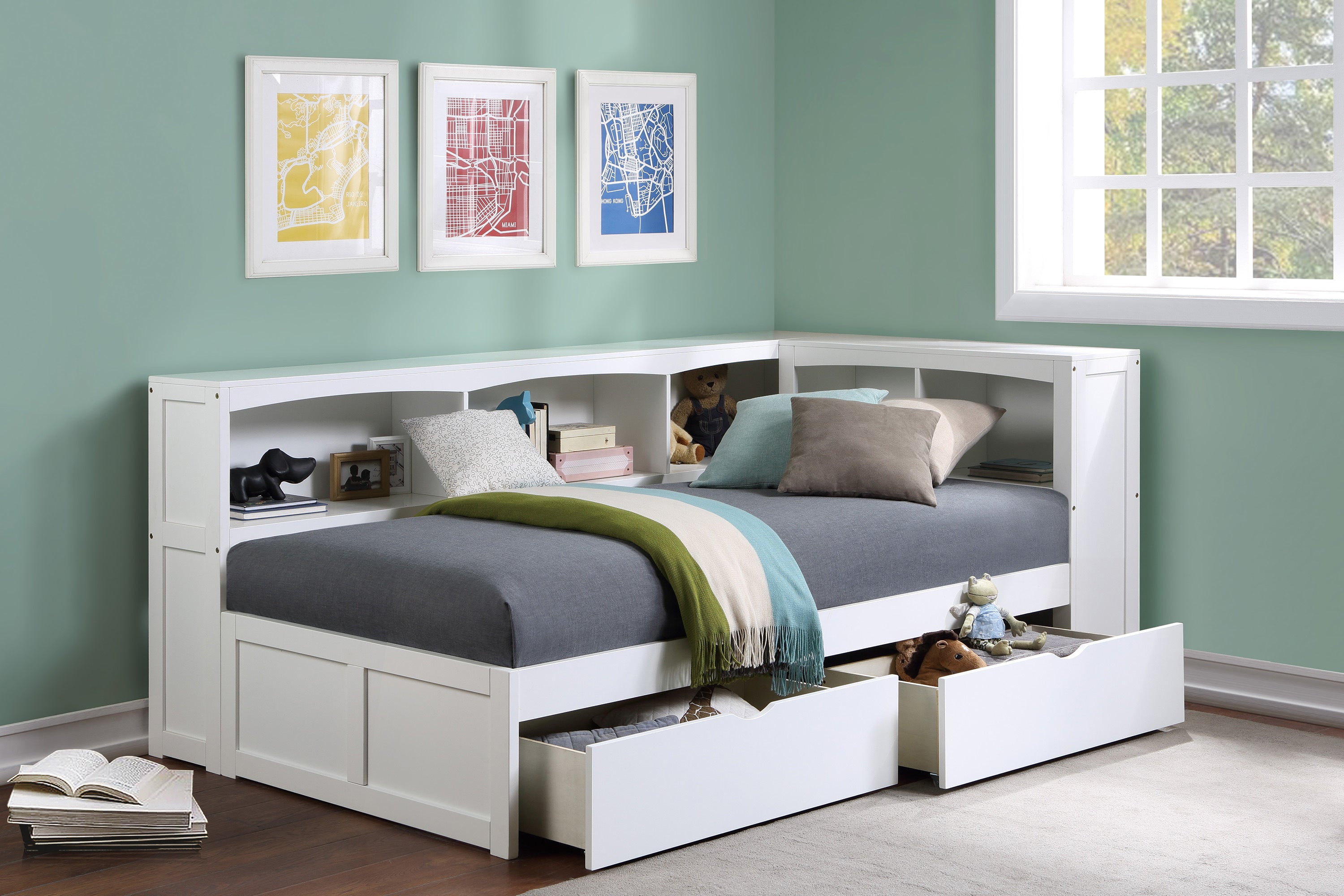 Galen White Twin Bookcase Corner Bed with Storage Boxes from Homelegance - Luna Furniture