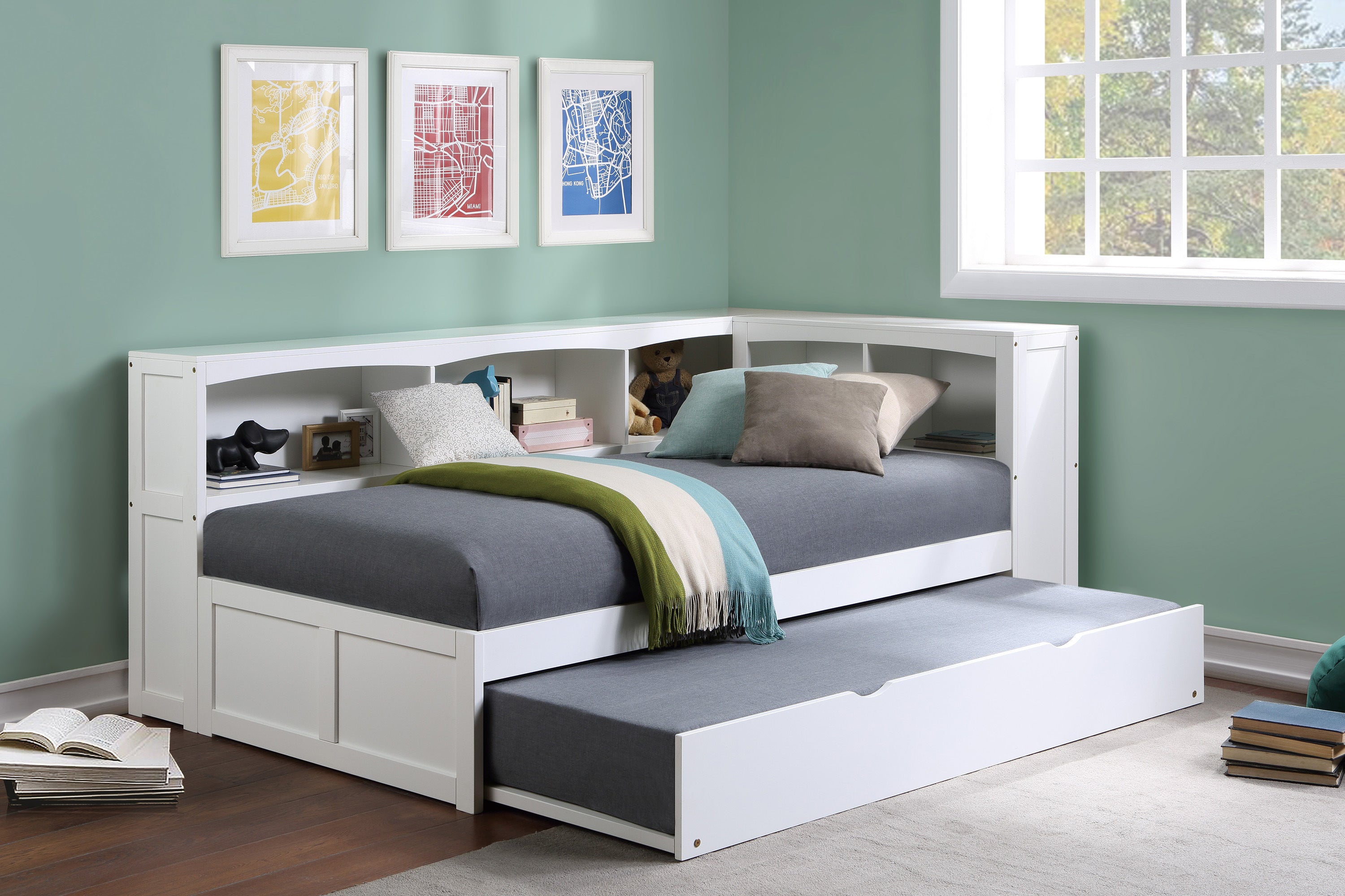 Galen White Twin Bookcase Corner Bed with Twin Trundle from Homelegance - Luna Furniture