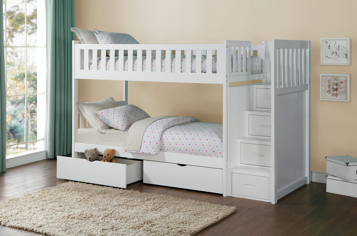 Galen White Twin/Twin Step Bunk Bed with Storage Boxes from Homelegance - Luna Furniture