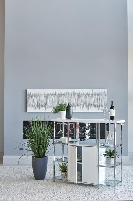 Gallimore High Glossy White and Chrome 2-Door Bar Cabinet with Glass Shelf from Coaster - Luna Furniture
