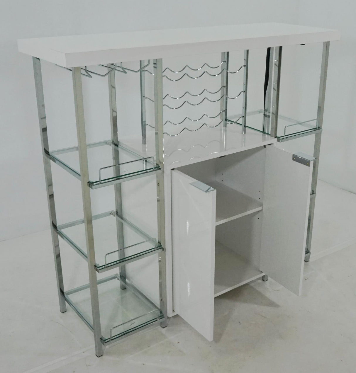 Gallimore High Glossy White and Chrome 2-Door Bar Cabinet with Glass Shelf from Coaster - Luna Furniture