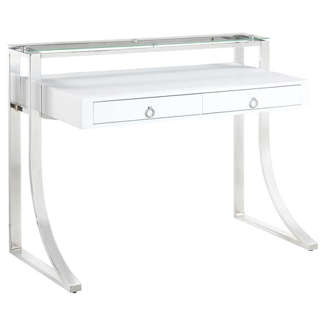 Gemma Glossy White and Chrome 2-Drawer Writing Desk from Coaster - Luna Furniture