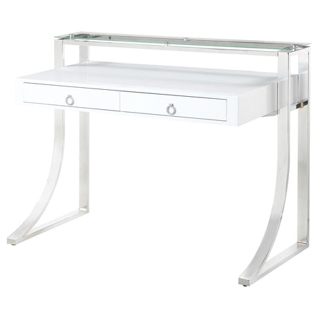 Gemma Glossy White and Chrome 2-Drawer Writing Desk from Coaster - Luna Furniture