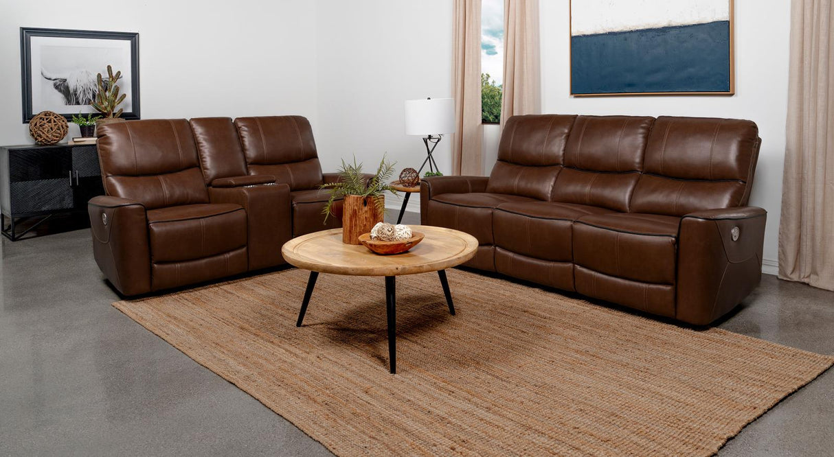 Greenfield Saddle Brown 2-Piece Upholstered Power Reclining Living Room Set from Coaster - Luna Furniture