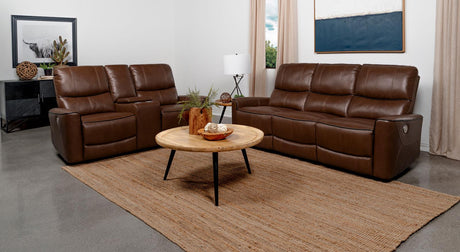 Greenfield Saddle Brown 2-Piece Upholstered Power Reclining Living Room Set from Coaster - Luna Furniture