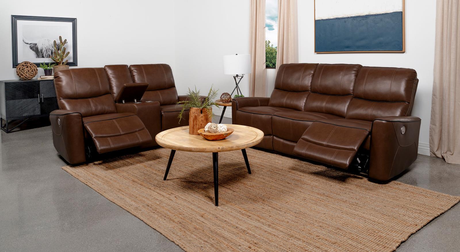 Greenfield 2-piece Upholstered Power Reclining Sofa Set Saddle
