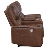 Greenfield Saddle Brown Upholstered Power Reclining Loveseat with Console from Coaster - Luna Furniture