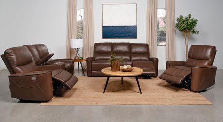 Greenfield Saddle Brown Upholstered Power Reclining Loveseat with Console from Coaster - Luna Furniture