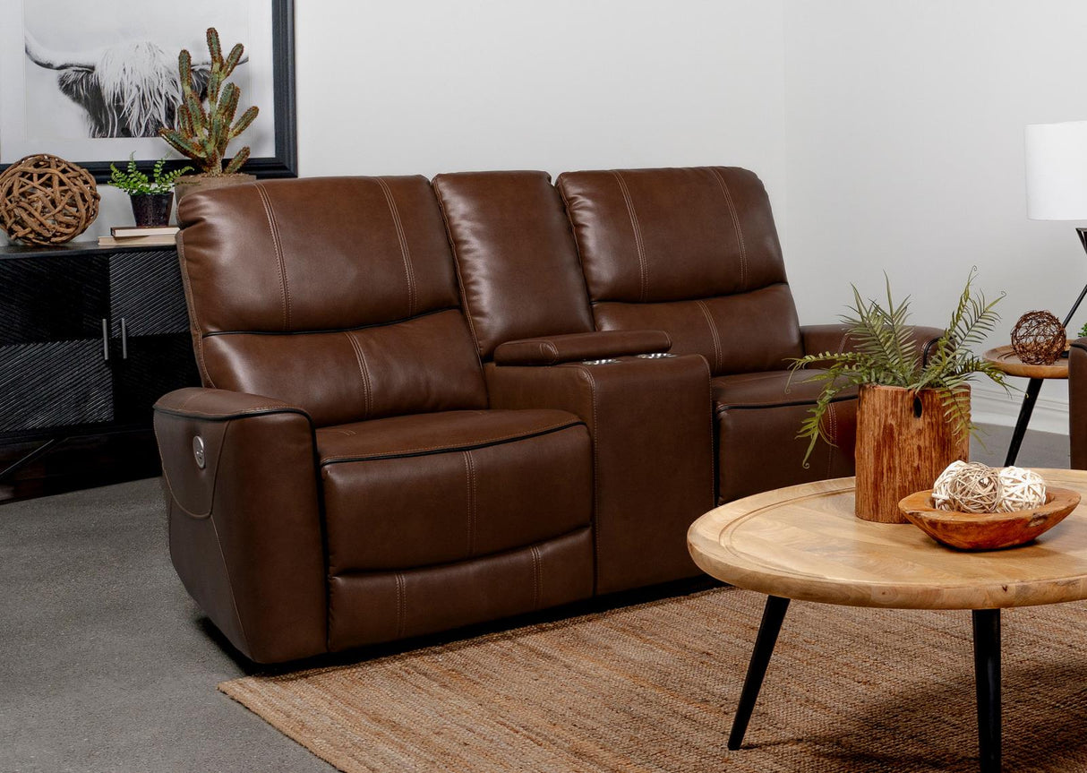 Greenfield Saddle Brown Upholstered Power Reclining Loveseat with Console from Coaster - Luna Furniture