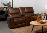 Greenfield Saddle Brown Upholstered Power Reclining Loveseat with Console from Coaster - Luna Furniture