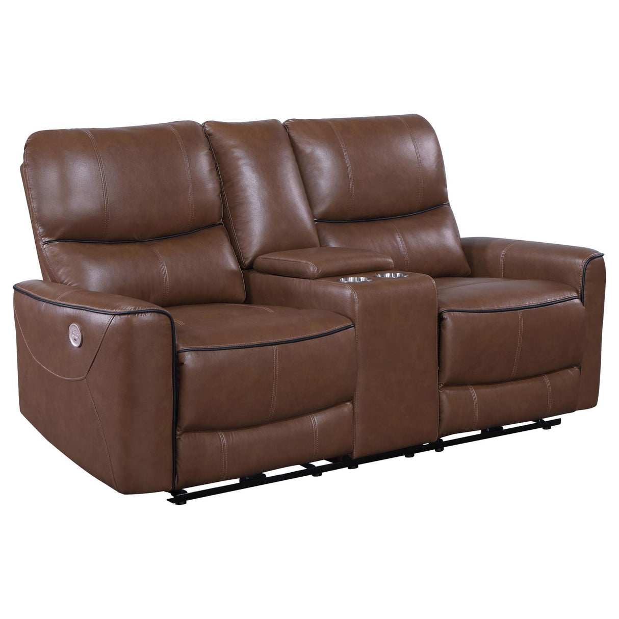 Greenfield Saddle Brown Upholstered Power Reclining Loveseat with Console from Coaster - Luna Furniture