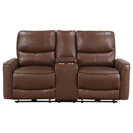 Greenfield Saddle Brown Upholstered Power Reclining Loveseat with Console from Coaster - Luna Furniture