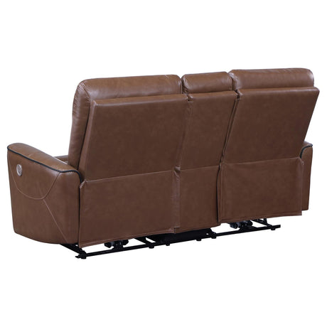 Greenfield Saddle Brown Upholstered Power Reclining Loveseat with Console from Coaster - Luna Furniture