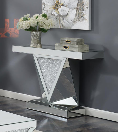 Gunilla Silver and Clear Mirror Rectangular Sofa Table with Triangle Detailing from Coaster - Luna Furniture