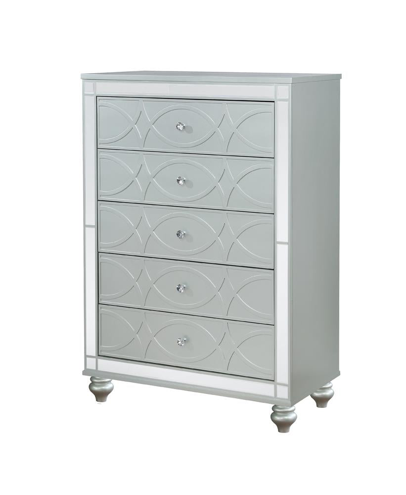 silver 5 drawer dresser Acme Ausonia Chest, Antique Platinum Finish