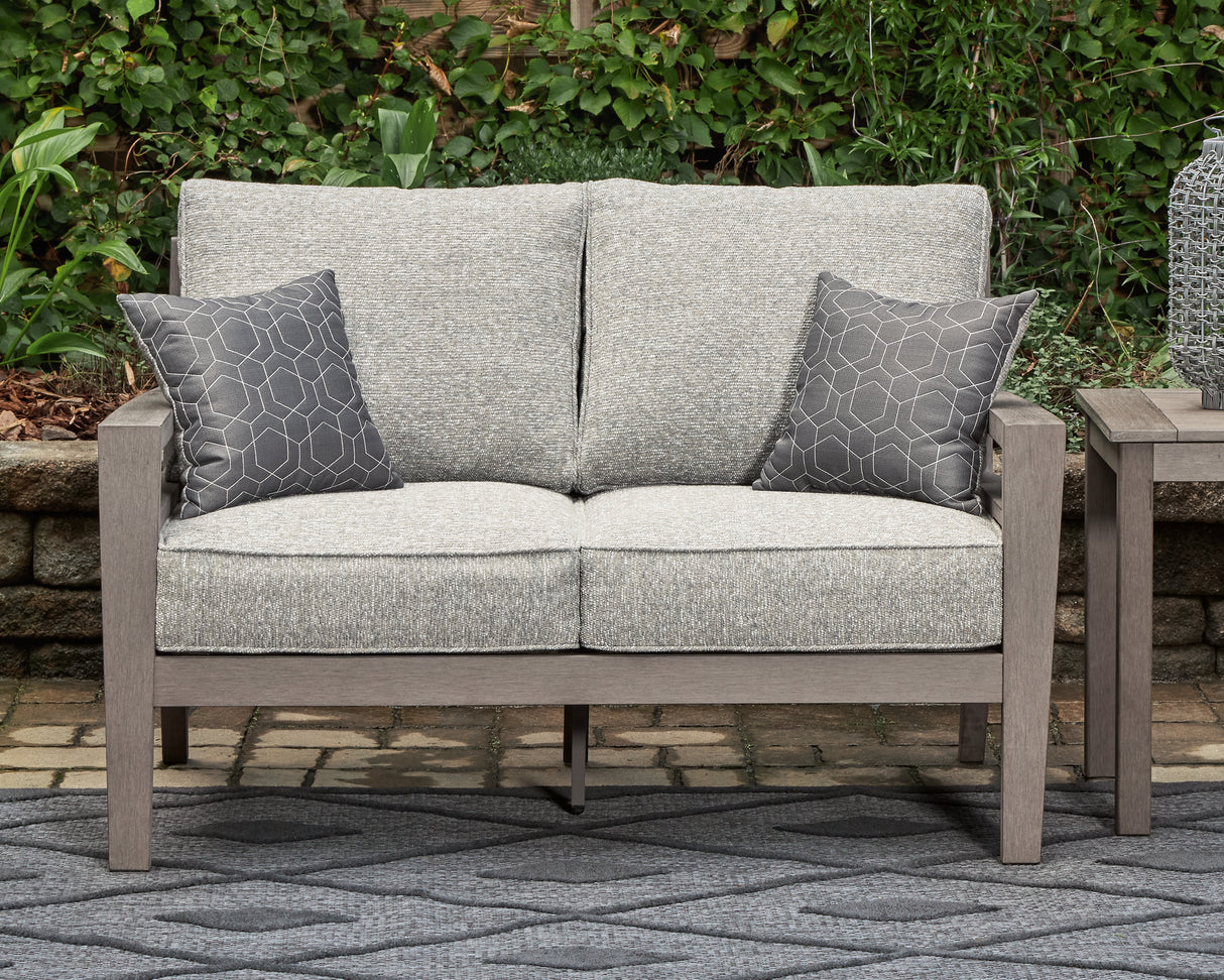 Hillside Barn Gray/Brown Outdoor Loveseat with Cushion from Ashley - Luna Furniture