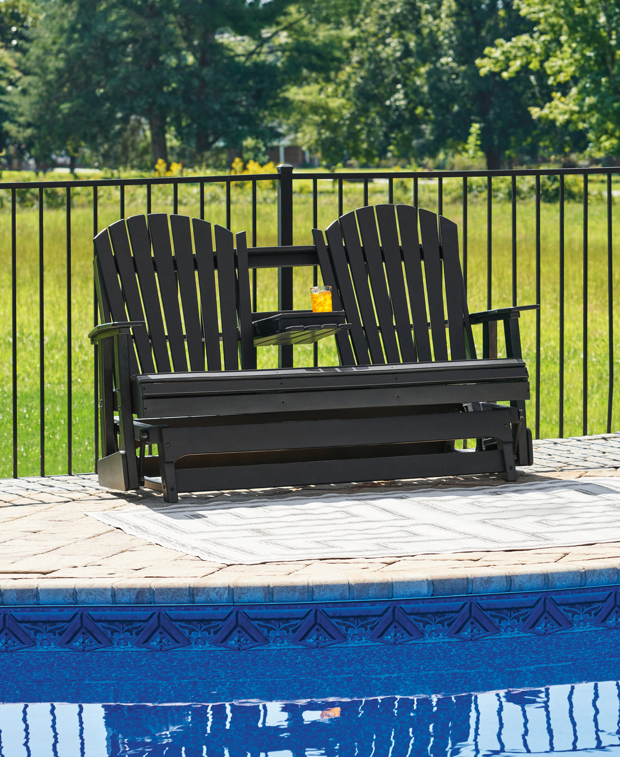 Hyland wave Black Outdoor Glider Loveseat from Ashley - Luna Furniture