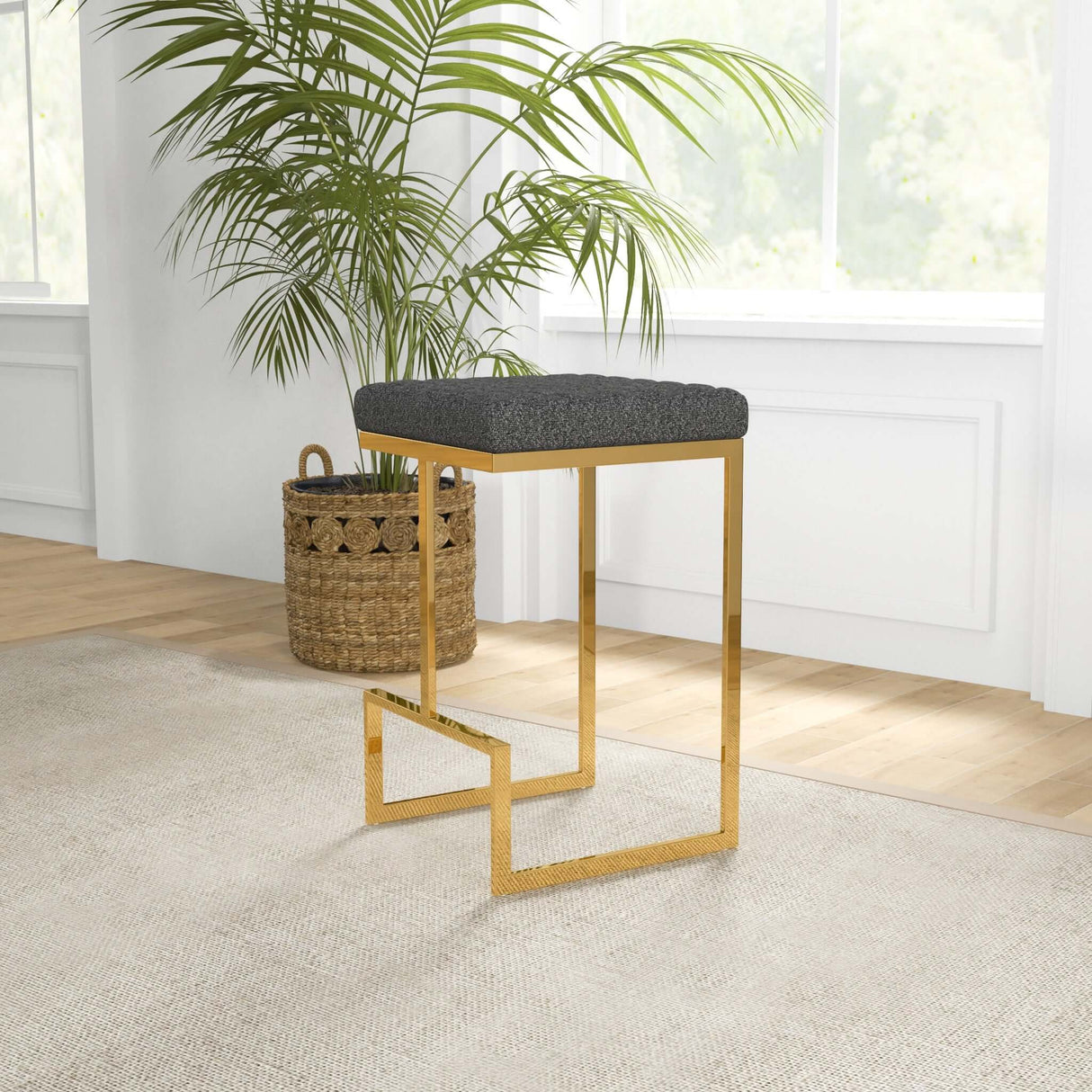 Joel Mid Century Modern Luxury Upholstered Stool 25.5" / Black Velvet from Midinmod - Luna Furniture
