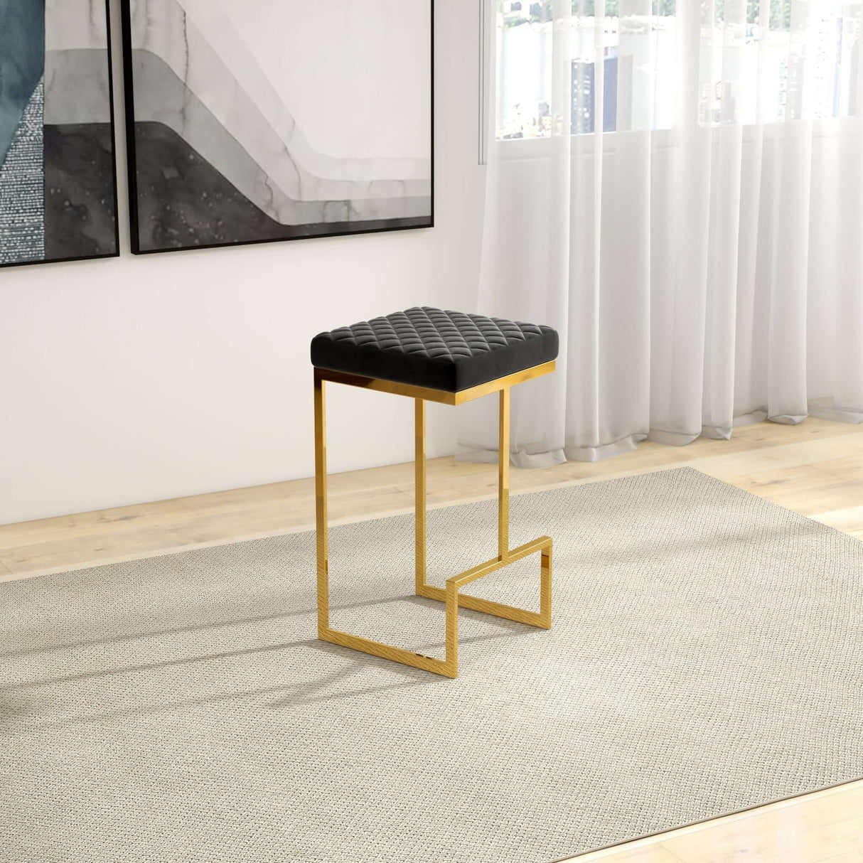 Joel Mid Century Modern Luxury Upholstered Stool 25.5" / Grey Boucle from Ashcroft Furniture - Luna Furniture