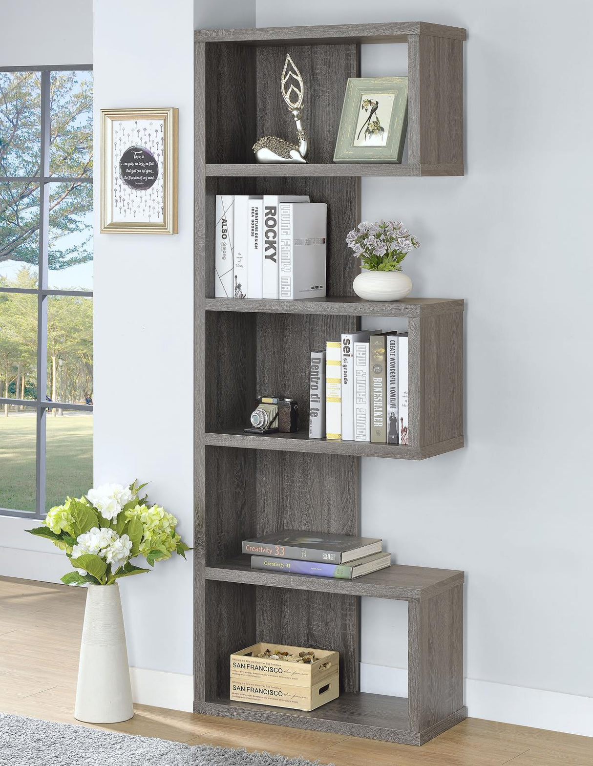 Joey Weathered Gray 5-Tier Bookcase from Coaster - Luna Furniture