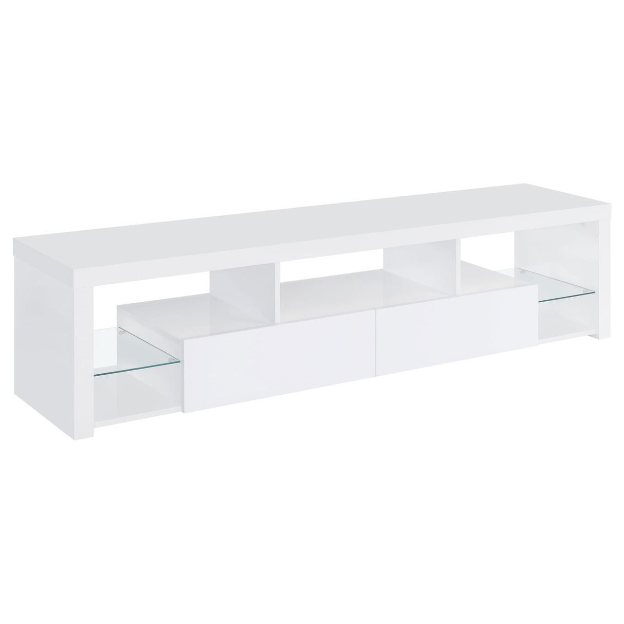 Jude White High Gloss 2-Drawer 71" TV Stand with Shelving from Coaster - Luna Furniture