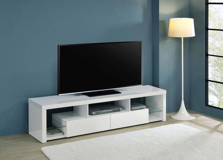 Jude White High Gloss 2-Drawer 71" TV Stand with Shelving from Coaster - Luna Furniture