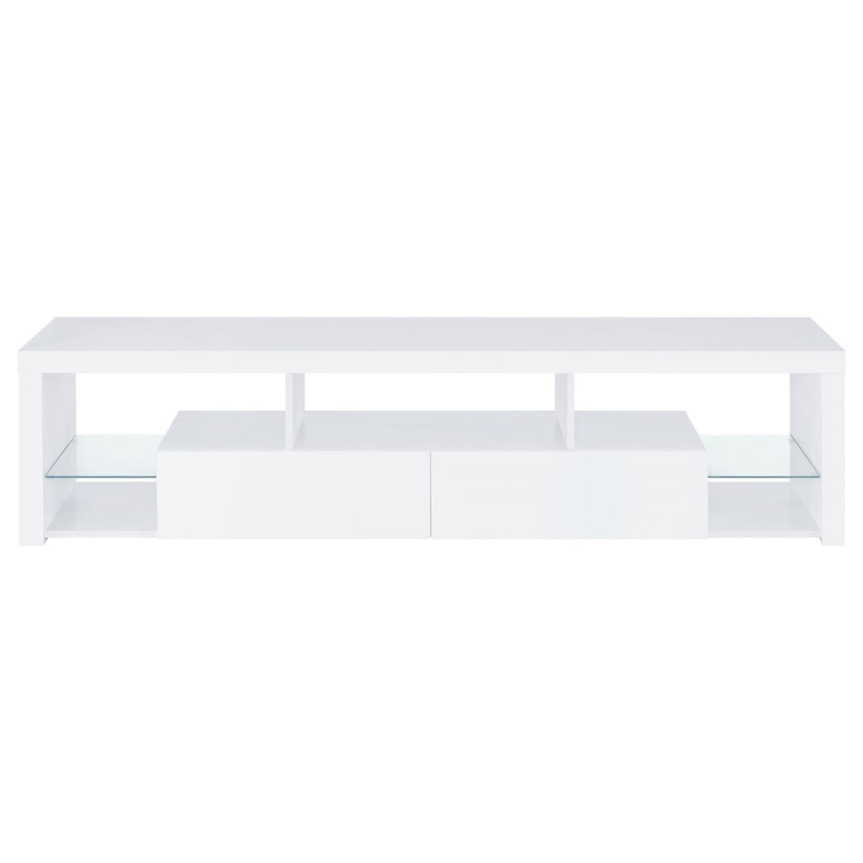 Jude White High Gloss 2-Drawer 71" TV Stand with Shelving from Coaster - Luna Furniture