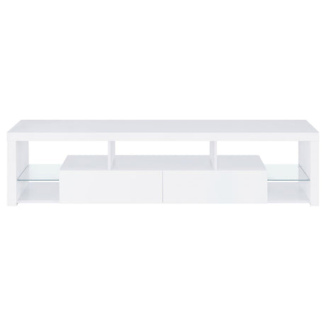 Jude White High Gloss 2-Drawer 71" TV Stand with Shelving from Coaster - Luna Furniture