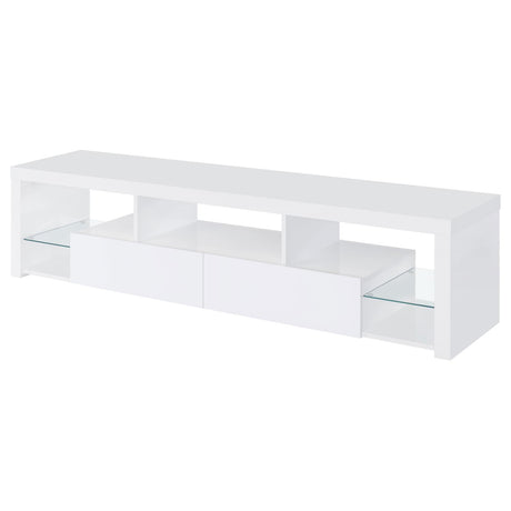 Jude White High Gloss 2-Drawer 71" TV Stand with Shelving from Coaster - Luna Furniture