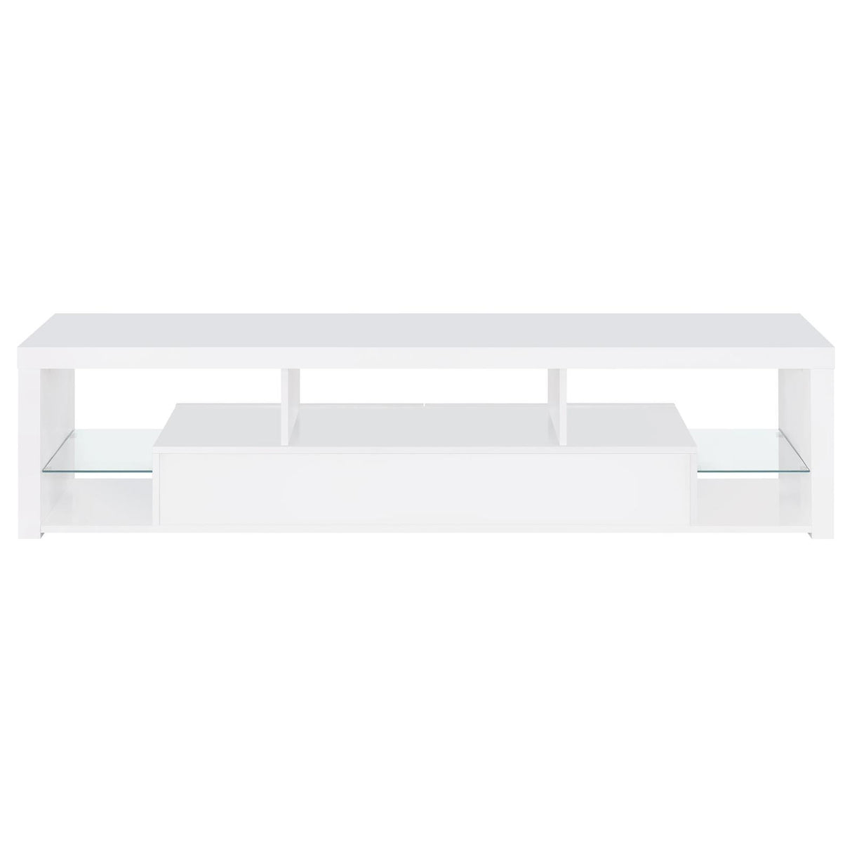 Jude White High Gloss 2-Drawer 71" TV Stand with Shelving from Coaster - Luna Furniture