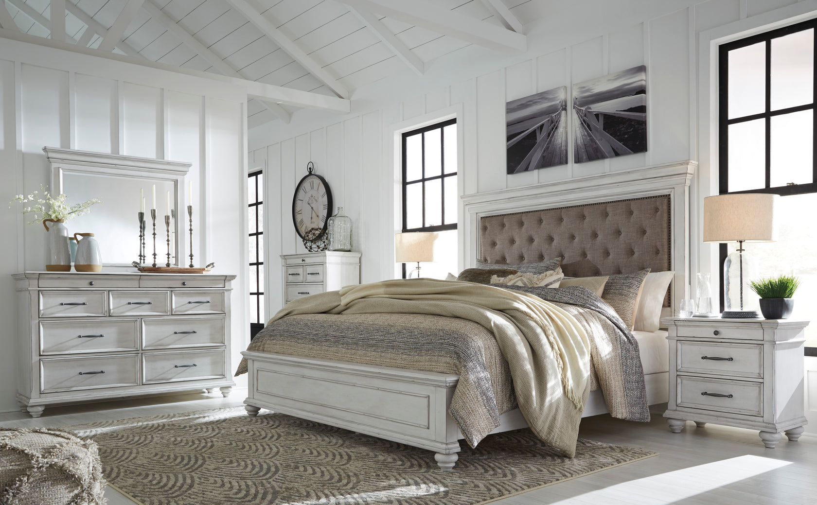 Kanwyn Whitewash Upholstered Panel Bedroom Set from Ashley - Luna Furniture