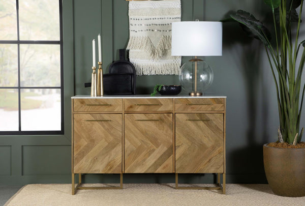 Keaton Natural and Antique Gold 3-Door Accent Cabinet with Marble Top