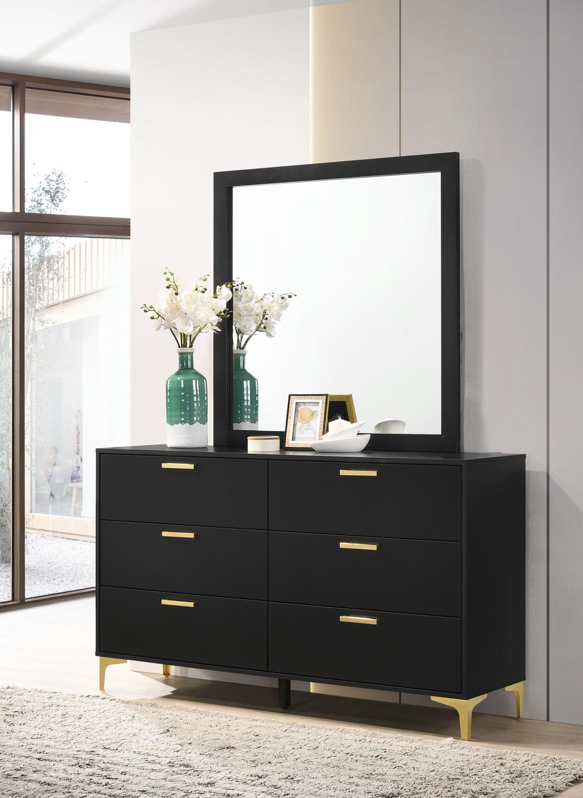 Kendall Black and Gold 6-Drawer Dresser with Mirror from Coaster - Luna Furniture