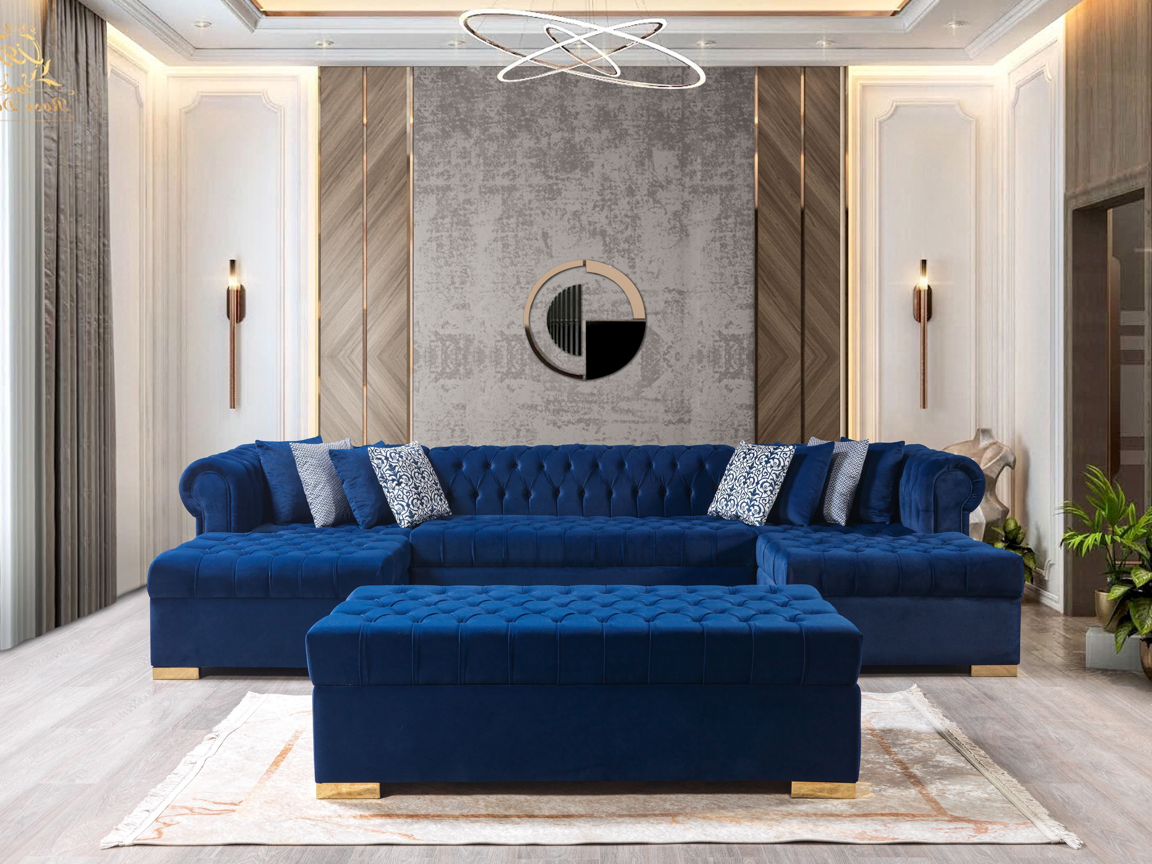 Nova Furniture Lauren Blue Velvet Double Chaise Sectional - Luna