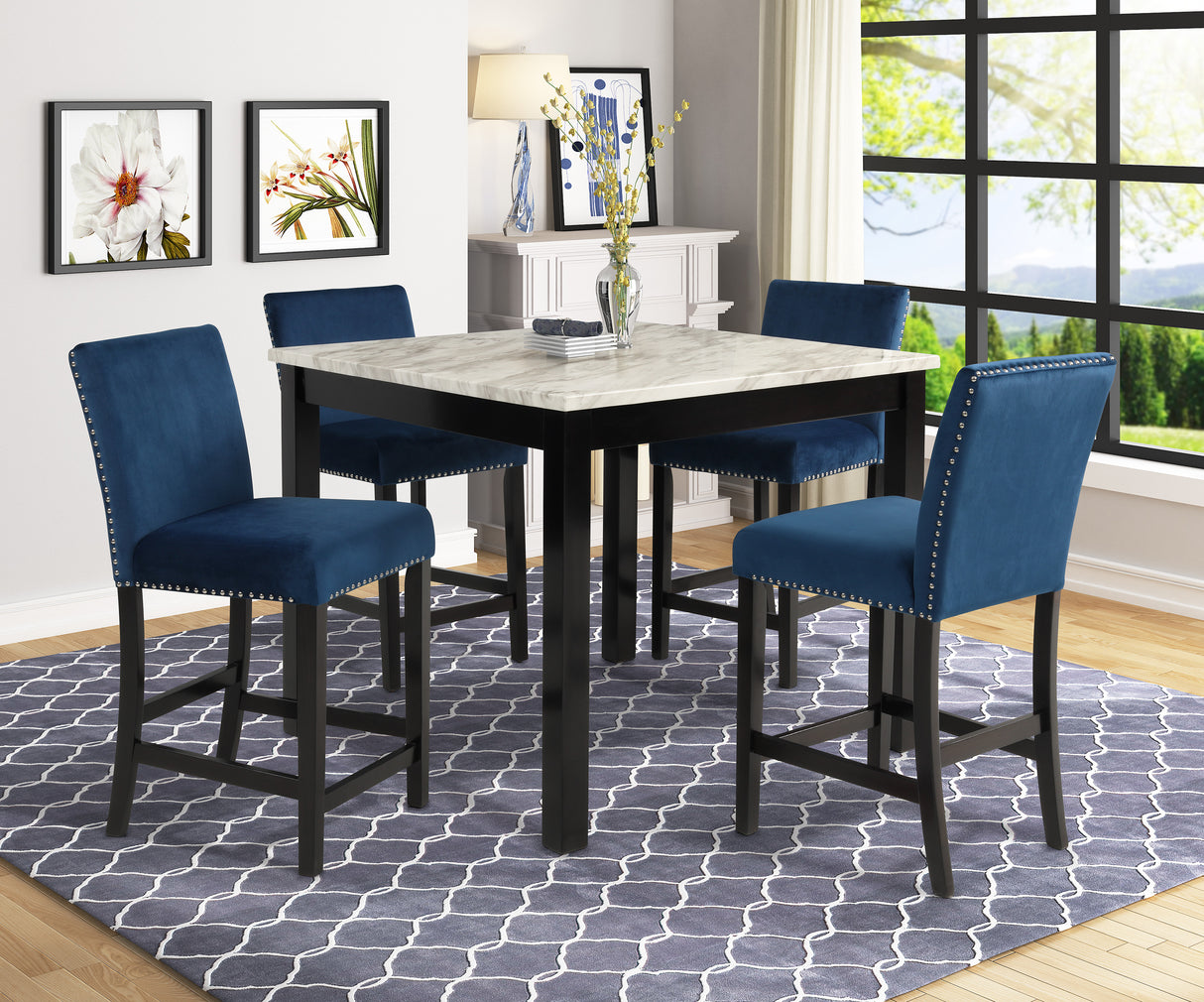 Lennon Blue/White Velvet 5-Piece Counter Height Dining Set from Crown Mark - Luna Furniture