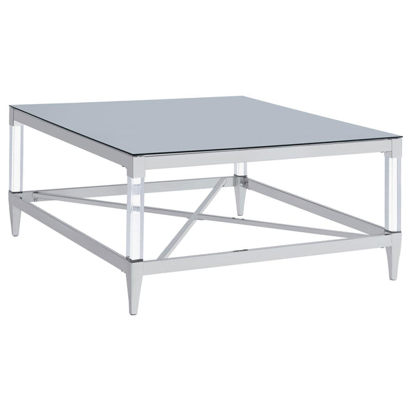 Lindley Chrome Square Coffee Table with Acrylic Legs and Tempered Mirror Top