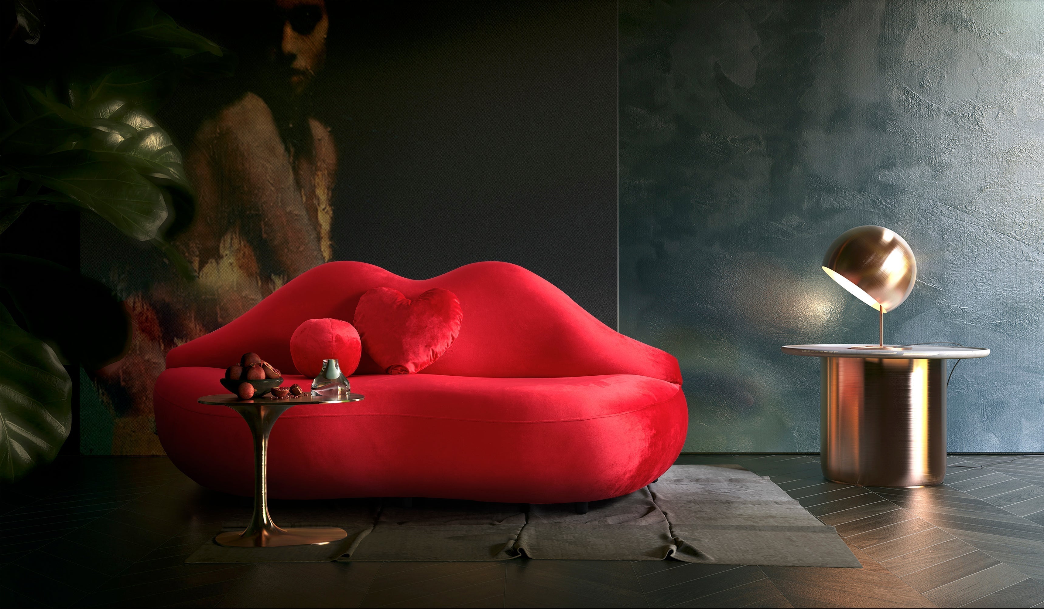 Lips Red Velvet Settee - Luna Furniture