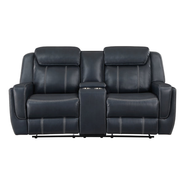 Littleton Blue Double Reclining Loveseat with Center Console, Receptacles and USB Ports