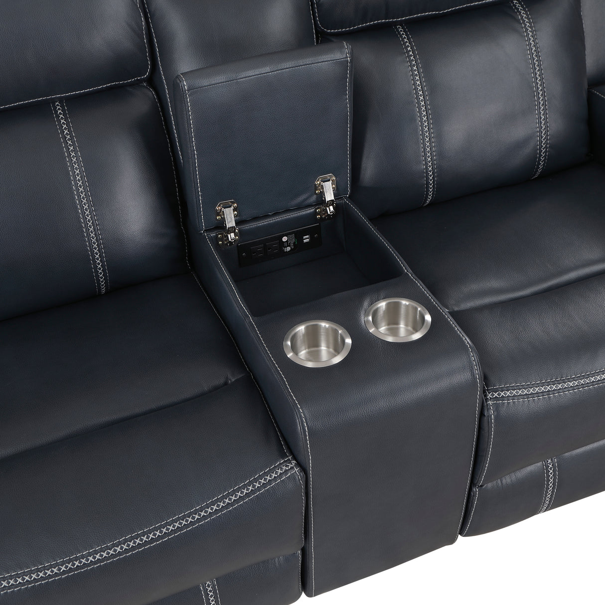 Littleton Blue Double Reclining Loveseat with Center Console, Receptacles and USB Ports from Homelegance - Luna Furniture