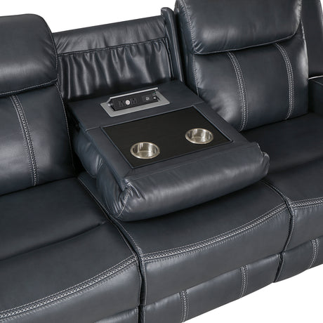Littleton Blue Double Reclining Sofa with Center Drop-Down Cup Holders, Magazine bag, Receptacles and USB Ports from Homelegance - Luna Furniture