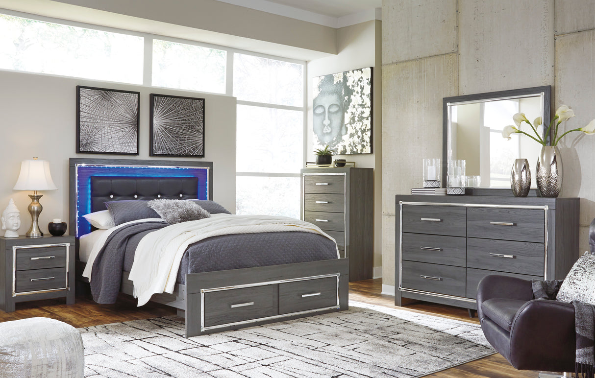 Lodanna Gray LED Upholstered Storage Panel Bedroom Set from Ashley Furniture - Luna Furniture