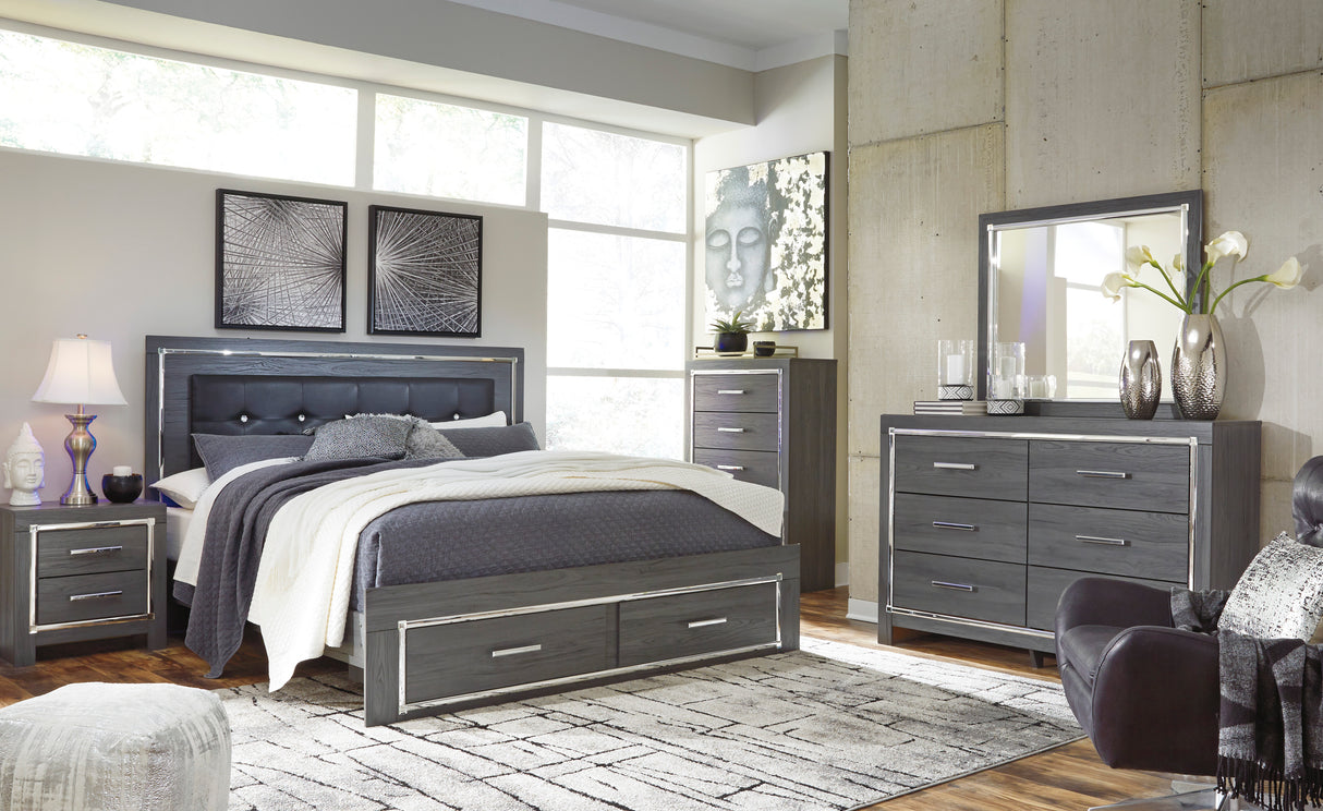 Lodanna Gray LED Upholstered Storage Panel Bedroom Set from Ashley Furniture - Luna Furniture