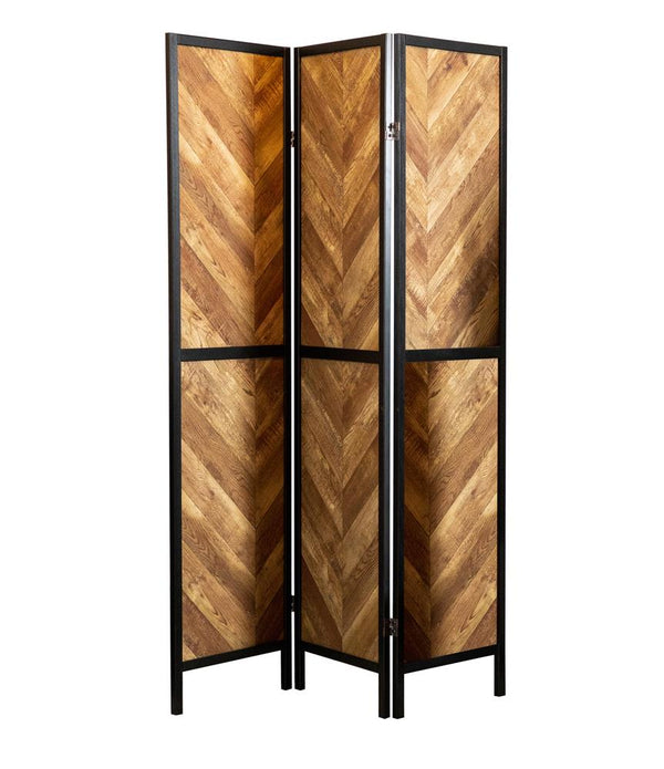 Marlene Rustic Tobacco and Black Herringbone Pattern 3-Panel Screen