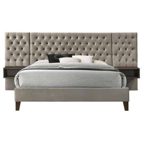 Marley Light Brown Upholstered Eastern King Platform Bed with Headboard Panels from Coaster - Luna Furniture