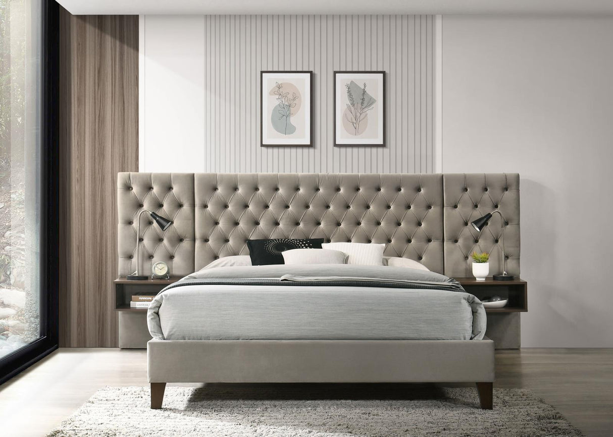 Marley Light Brown Upholstered Queen Platform Bed with Headboard Panels from Coaster - Luna Furniture