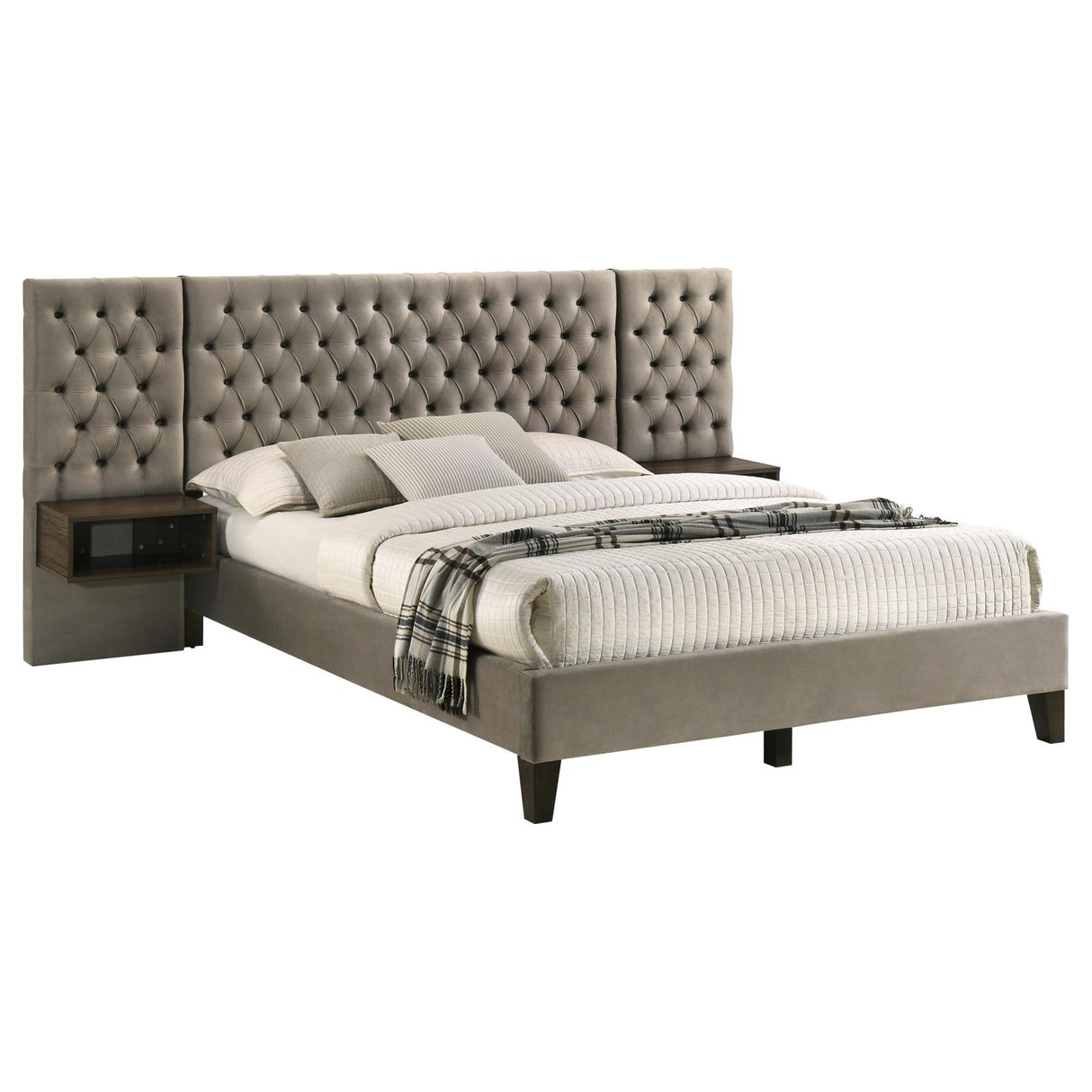 Marley Light Brown Upholstered Queen Platform Bed with Headboard Panels from Coaster - Luna Furniture