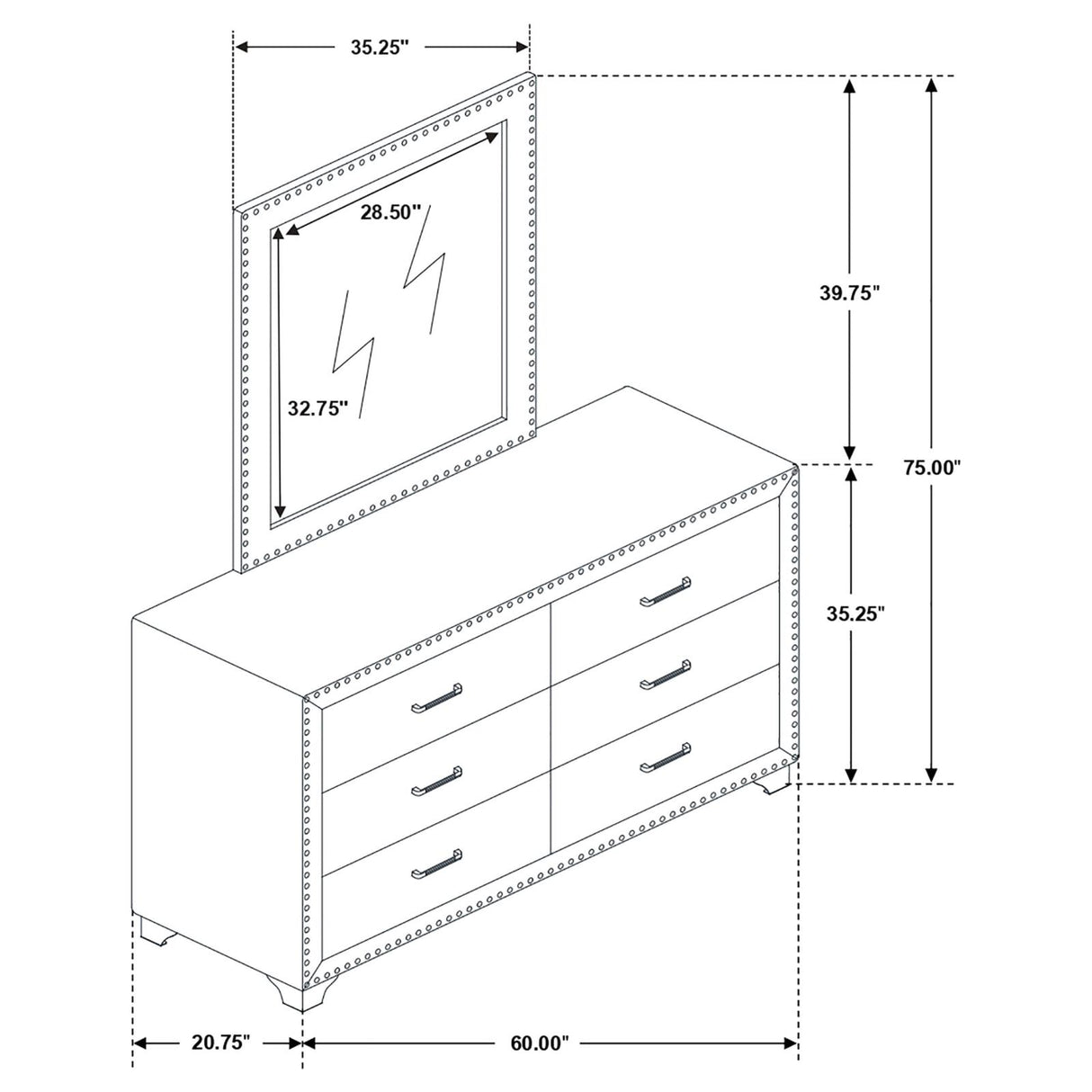 Melody Pacific Blue Upholstered 6-Drawer Dresser with Mirror from Coaster - Luna Furniture